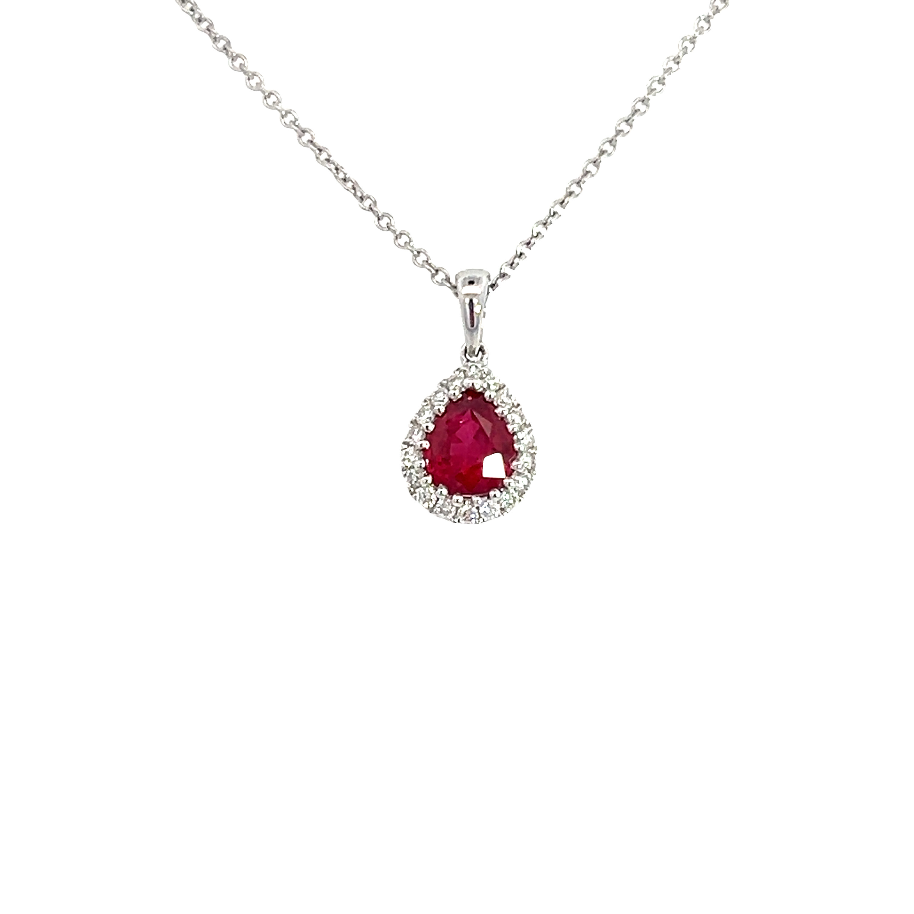 18ct White Gold Ruby and Diamond Halo Pendant