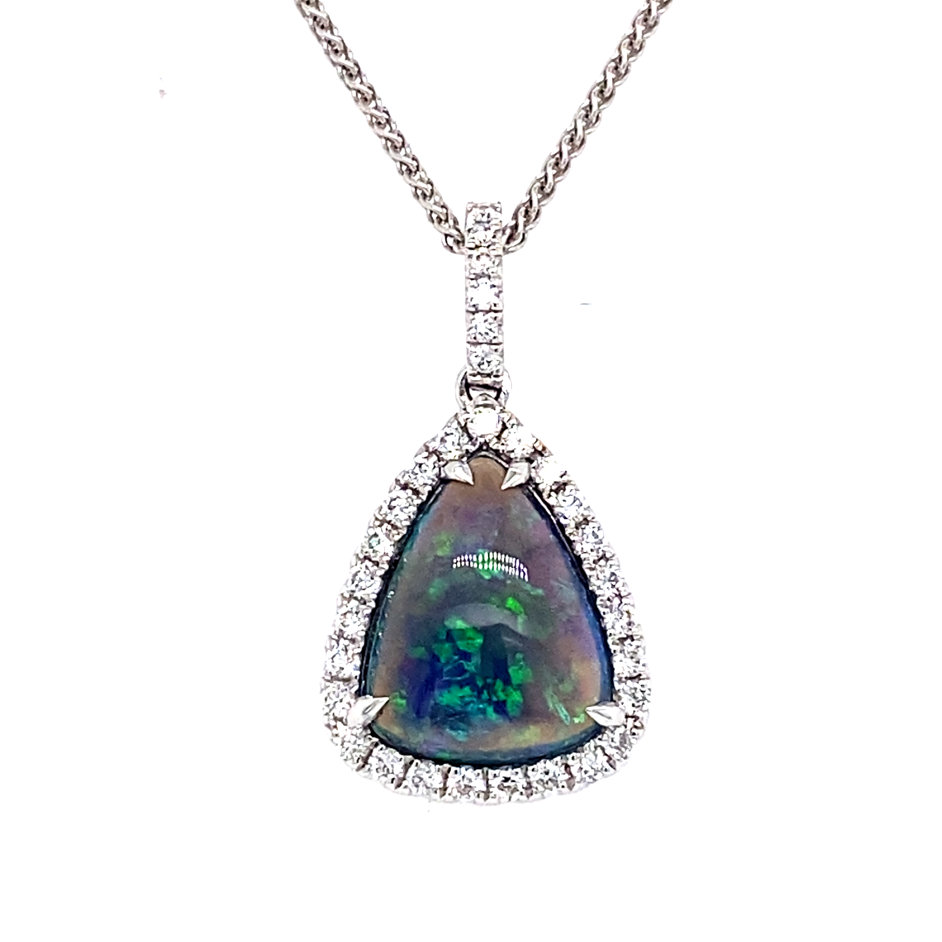 A Free Forn Cabochon Cut Black Opal and Diamond Pend