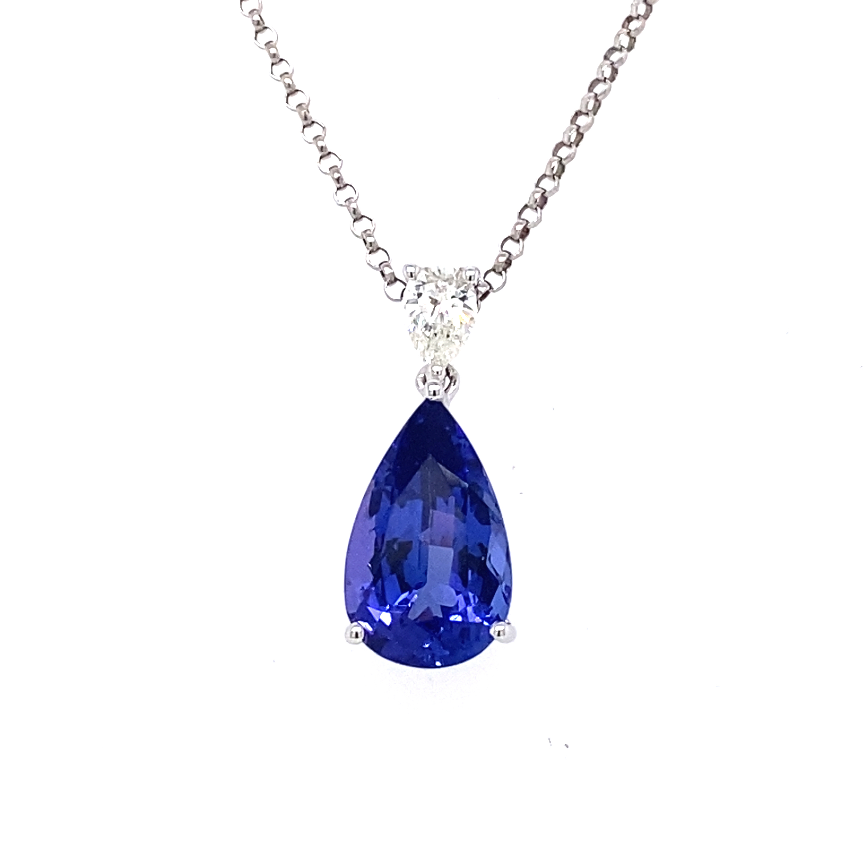 A Pear Shape Tanzanite and Diamond Drop Pendant in 18 W