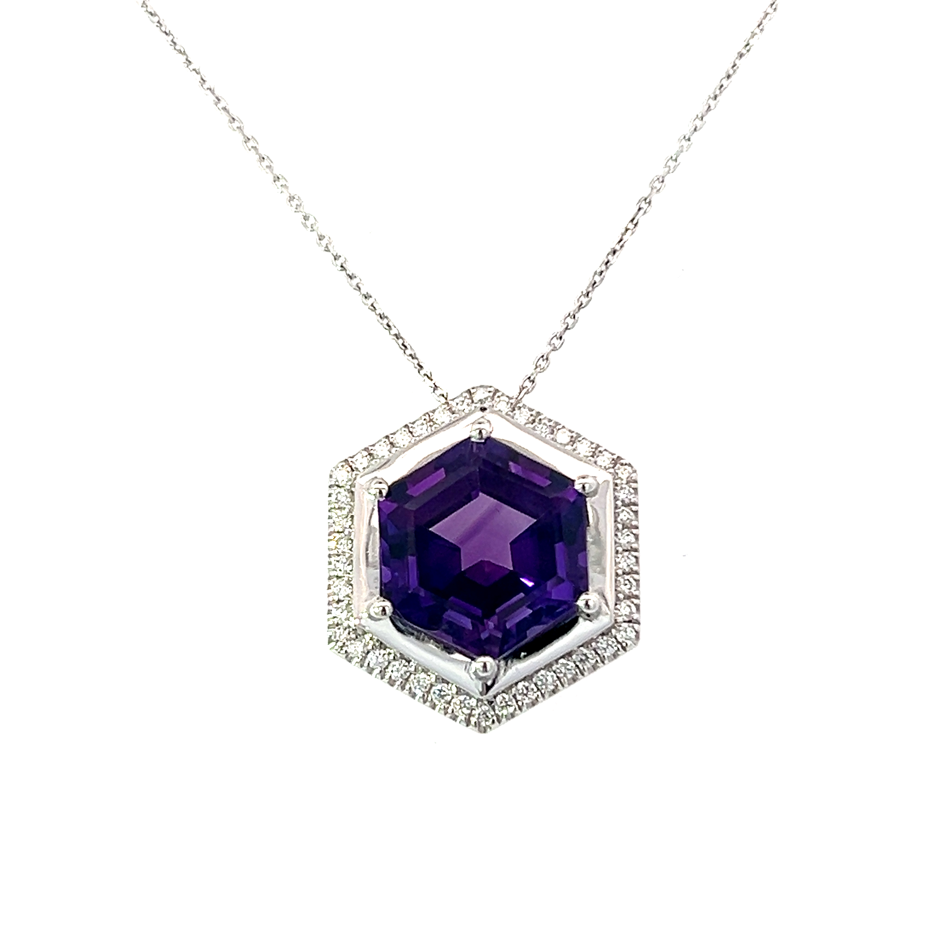 Platinum Amethyst and Diamond Hexagonal 10mm Pendant