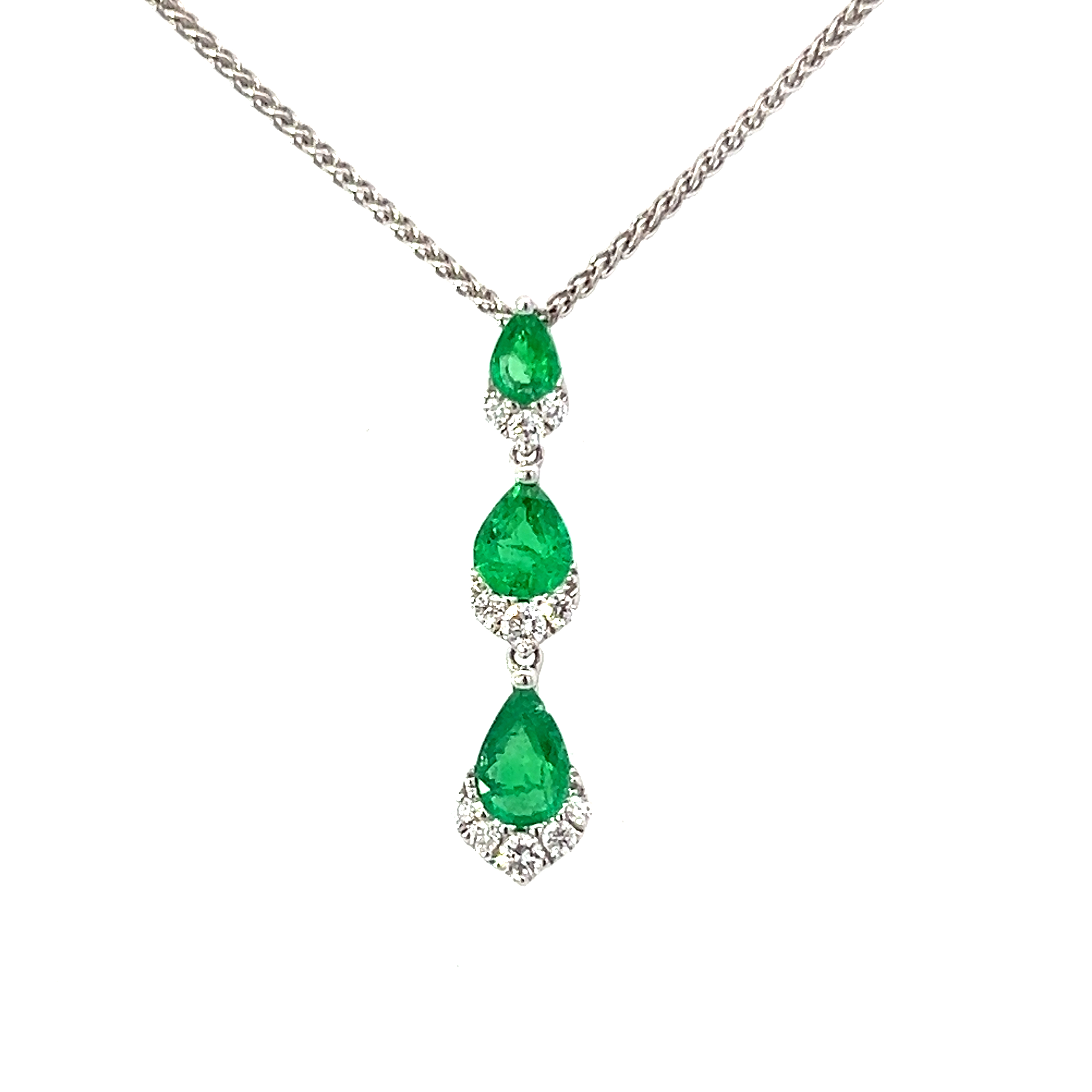 18 Carat White Gold Colombian Emerald Triple Drop Pendant.
