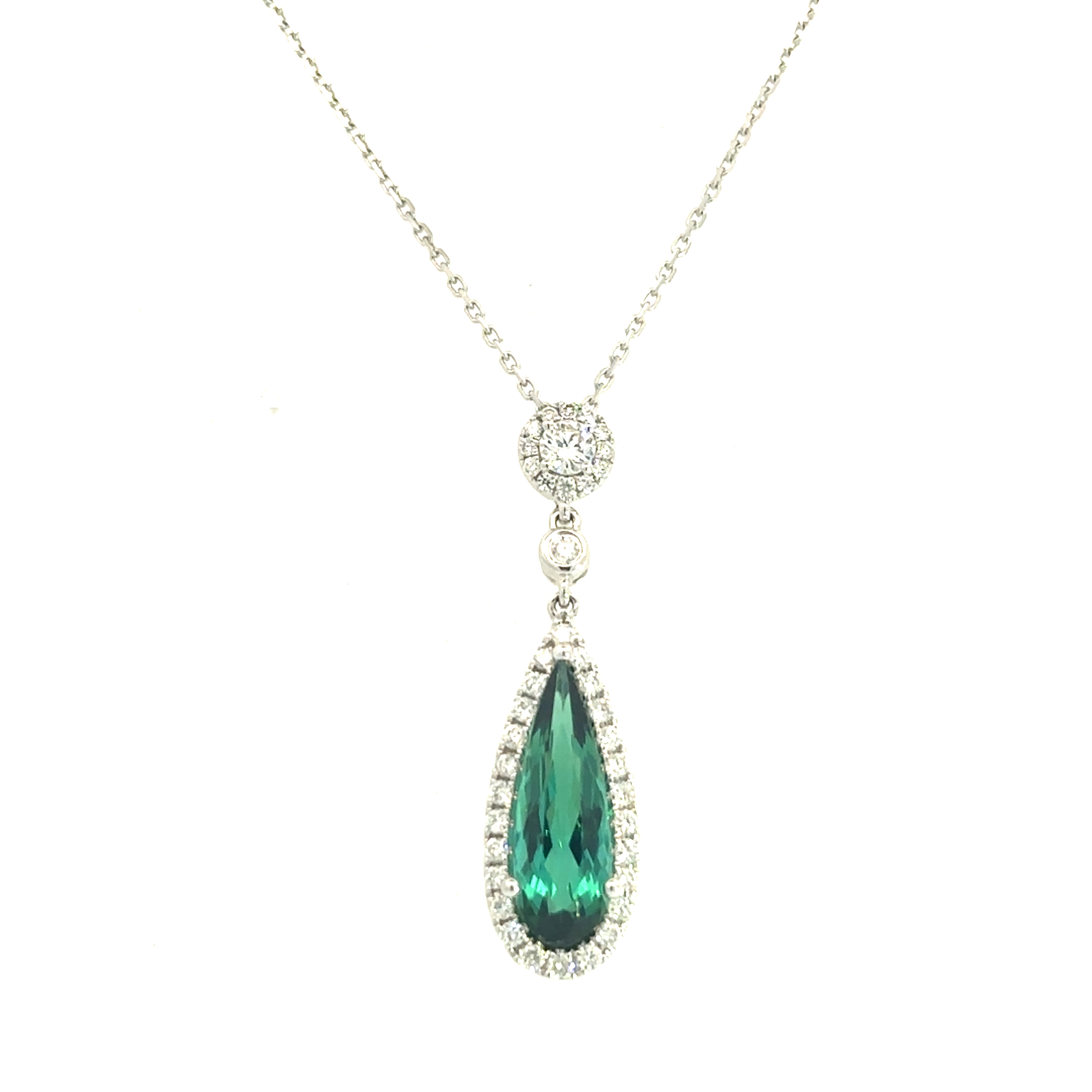 An 18 Carat White Gold Diamond and Green Tourmaline Pear Drop