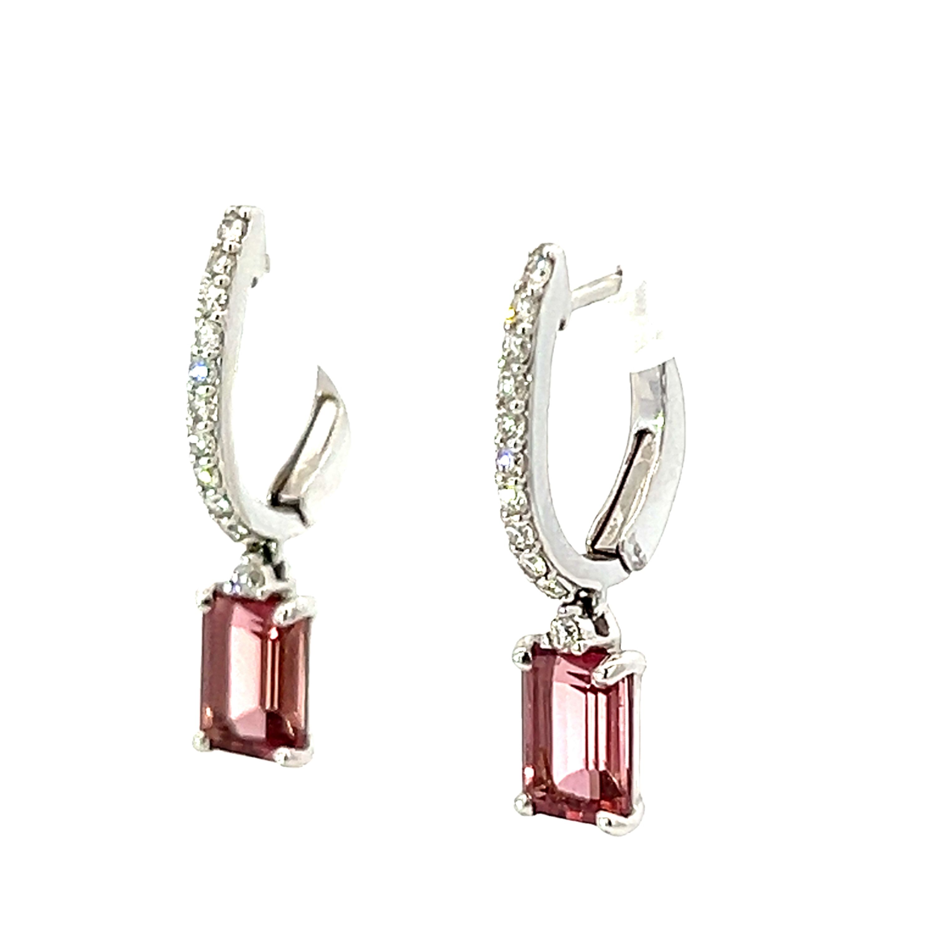 18ct White Gold Diamond and Pink Tourmaline Drop Earrings