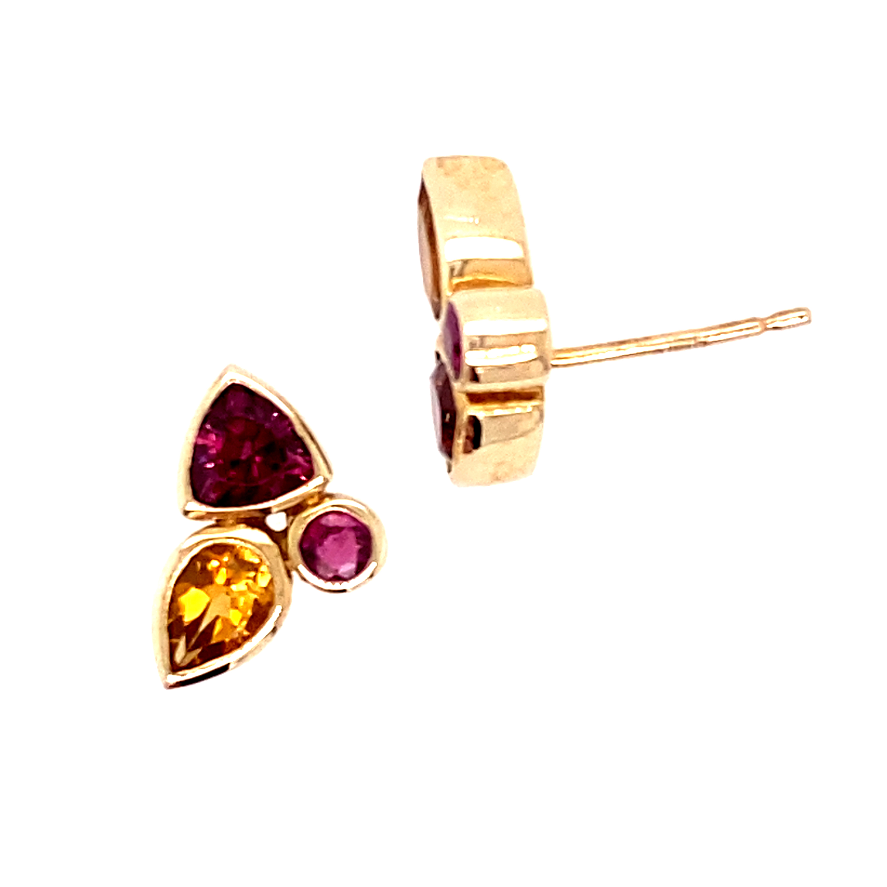 9 Carat Yellow Gold Studs, Rubies, Rhodolite Garnet & Citrine