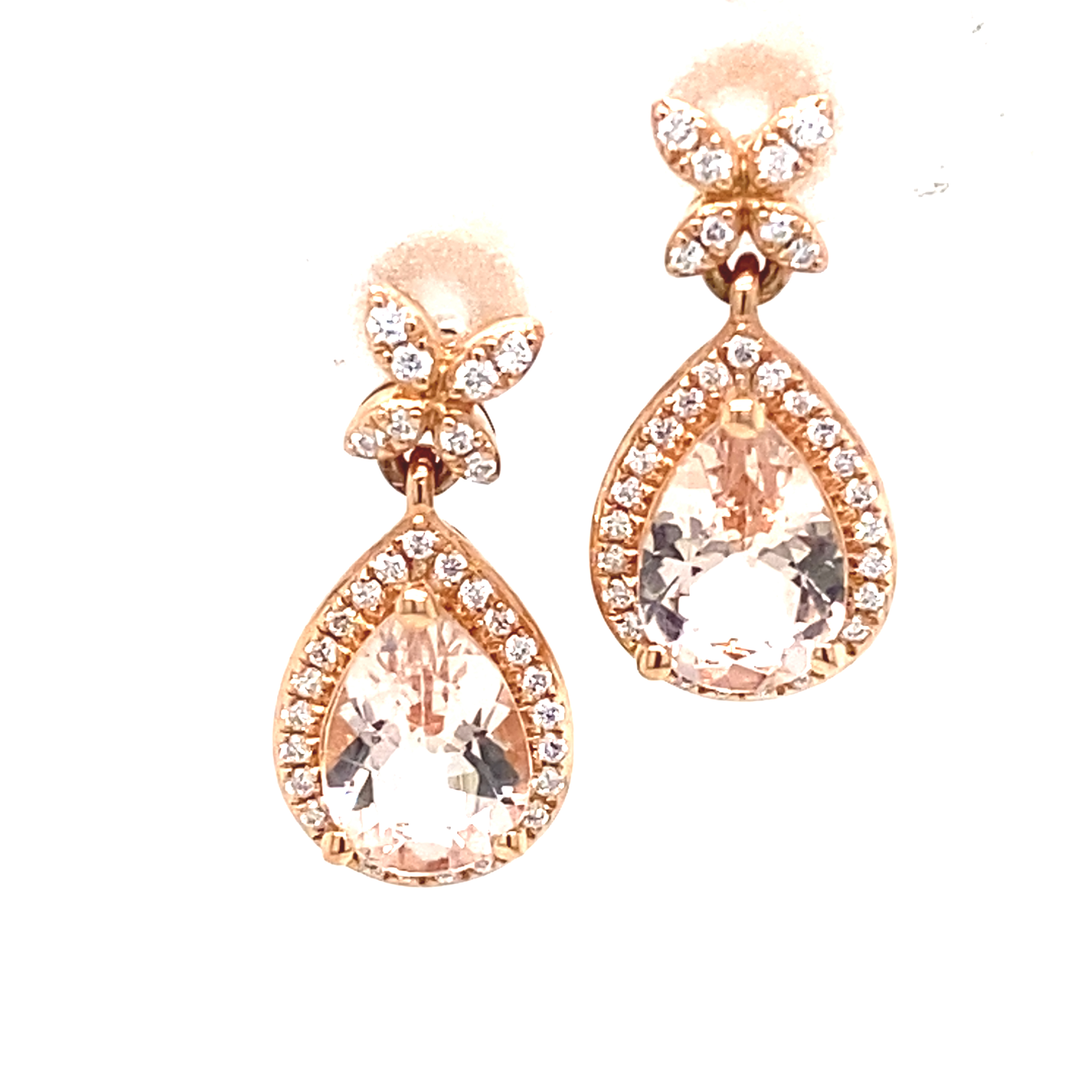 18 Carat Rose Gold, Morganite and Diamond Drop Earrings