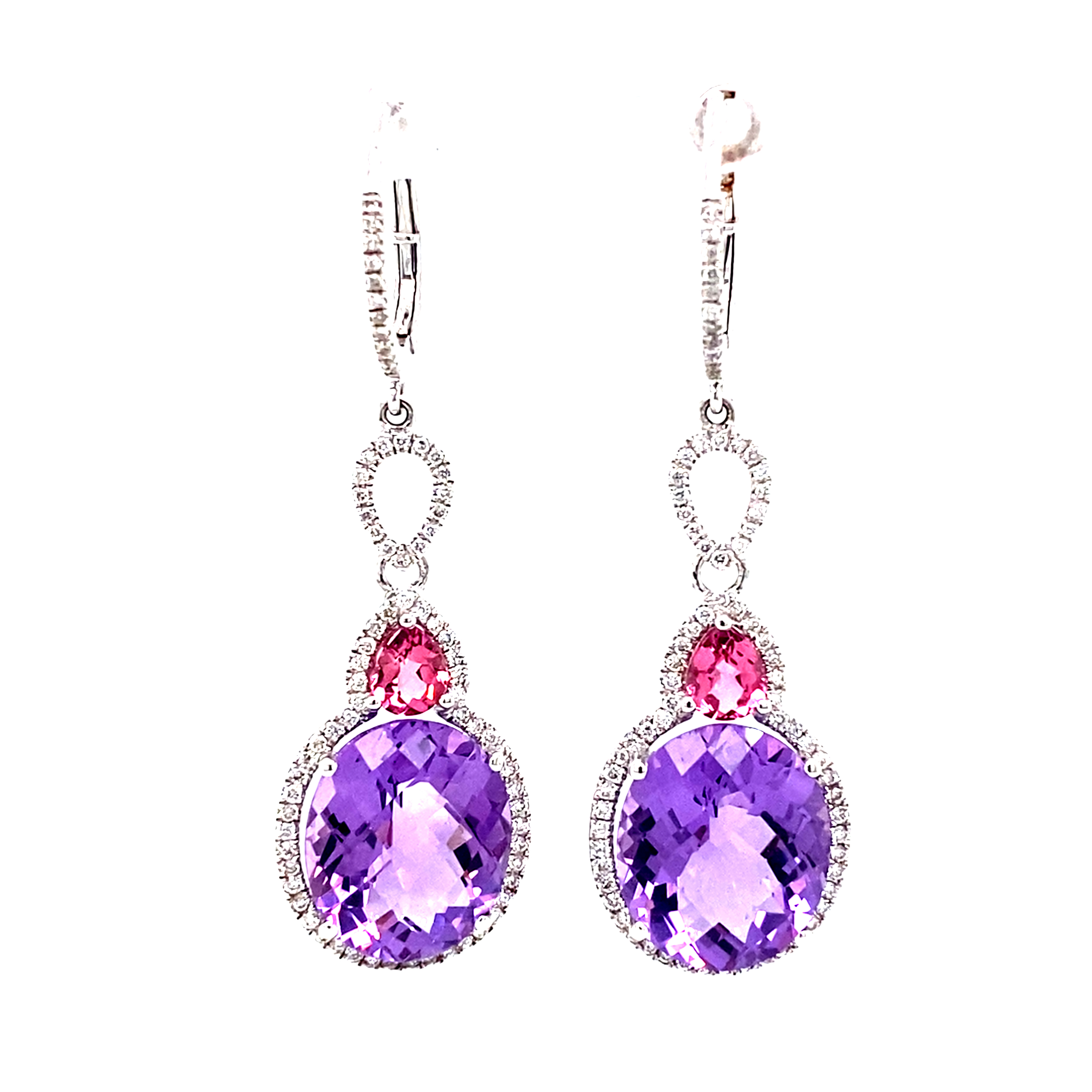 18 Carat White Gold Amethyst, Pink Tourmaline and Diamond Drop