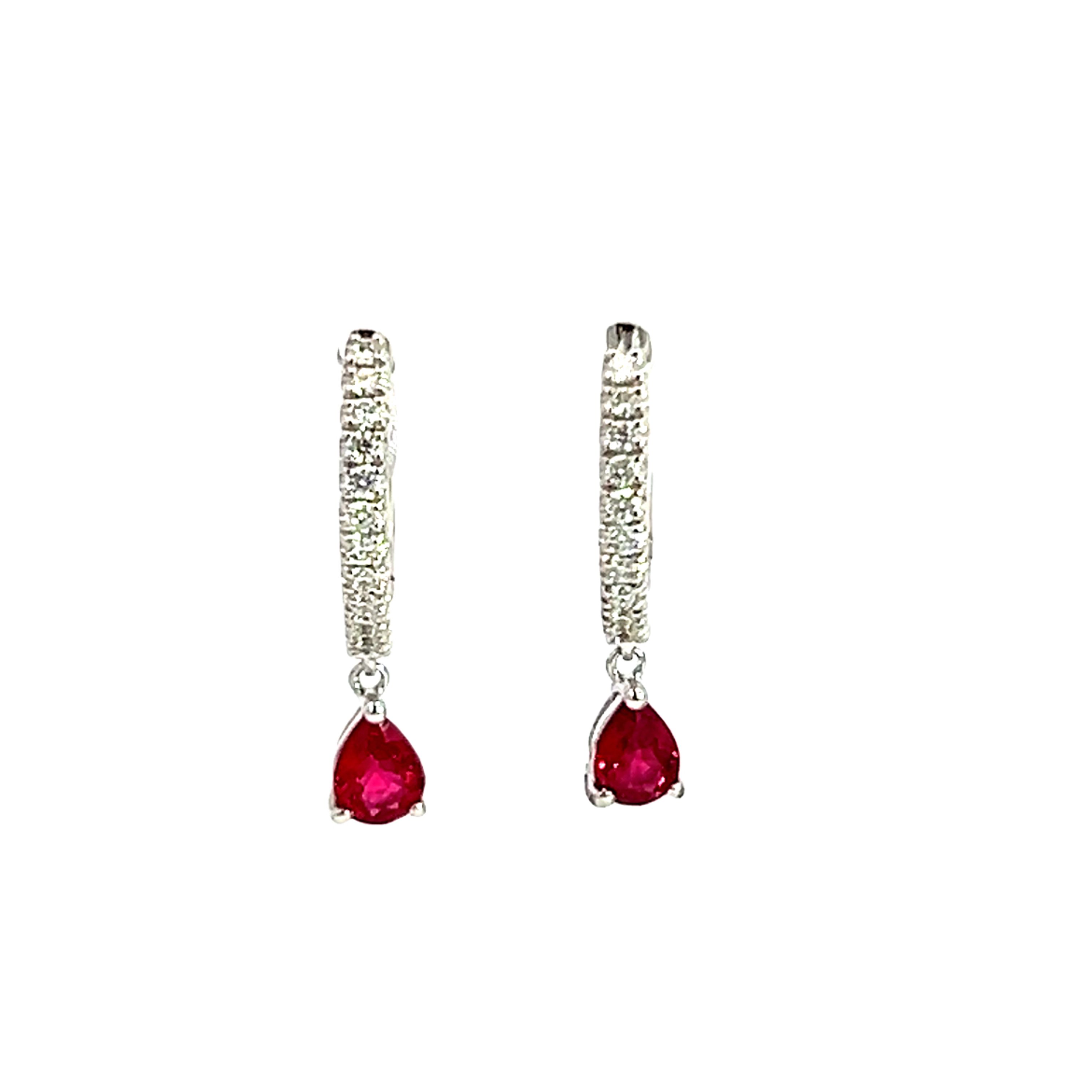 18 Carat White Gold Diamond Hoops with Ruby Drop