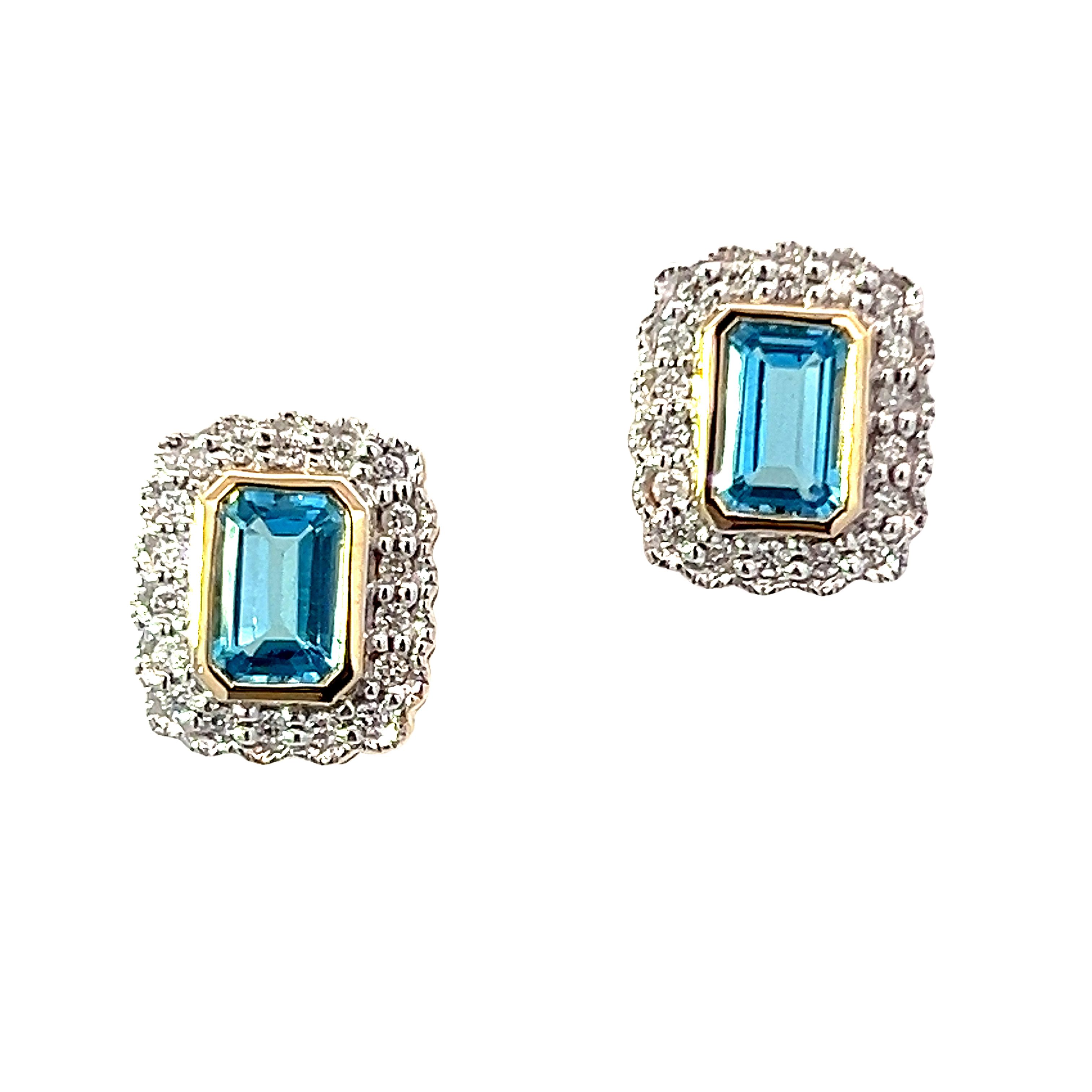 9 Carat Yellow Gold Swiss Blue Topaz and Diamond Studs