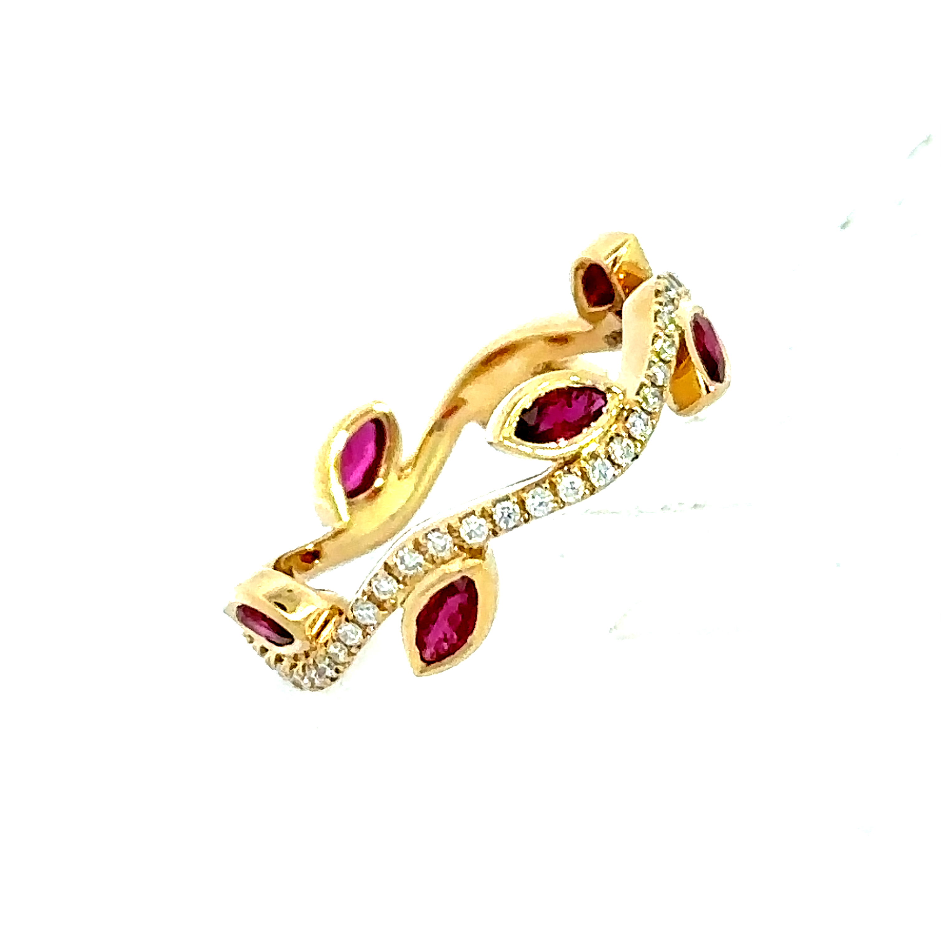 18 Carat Yellow Gold Ruby and Diamond Wavy Vine Ring