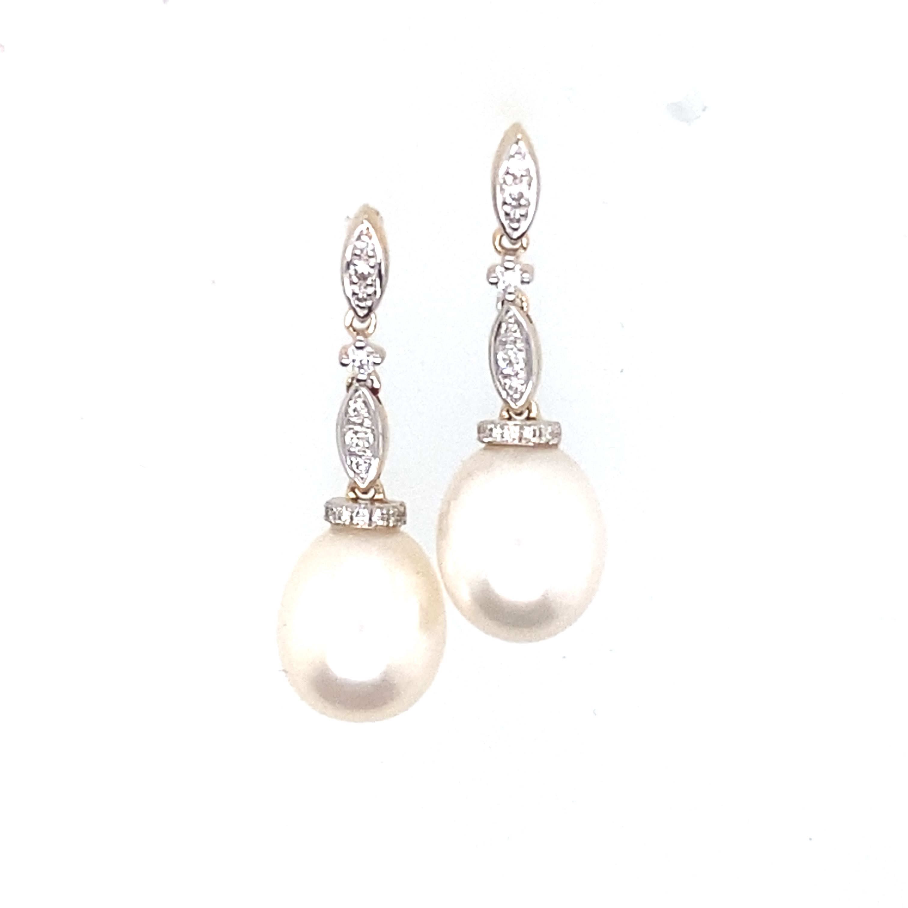 9 Carat Yellow and White Gold Pearl and Diamond Drop Earrings