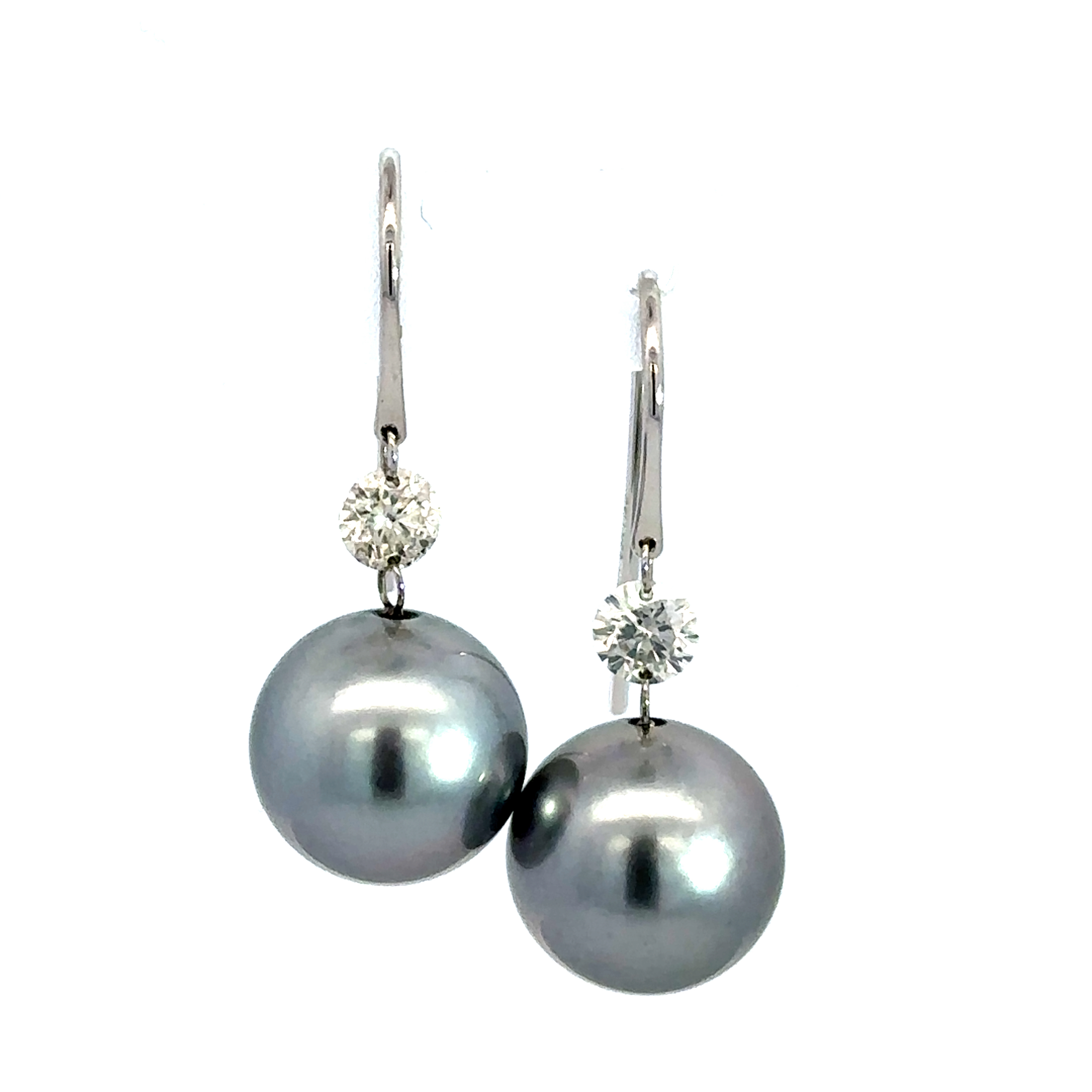 18 Carat White Gold and Tahitian Pearl and Diamond Drop Earring