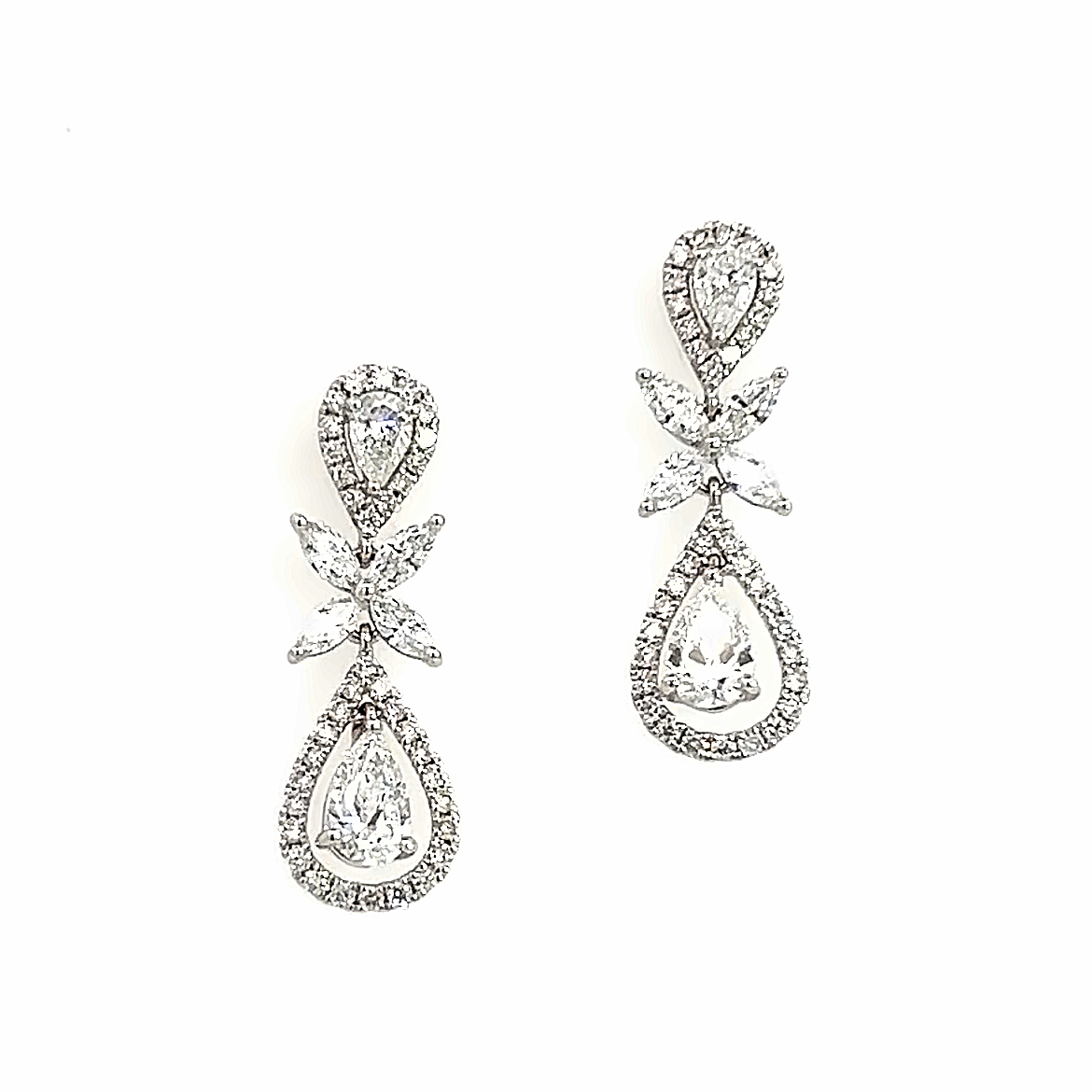 18 Carat White Gold and Daimond Pear and Flower Drop Earrings