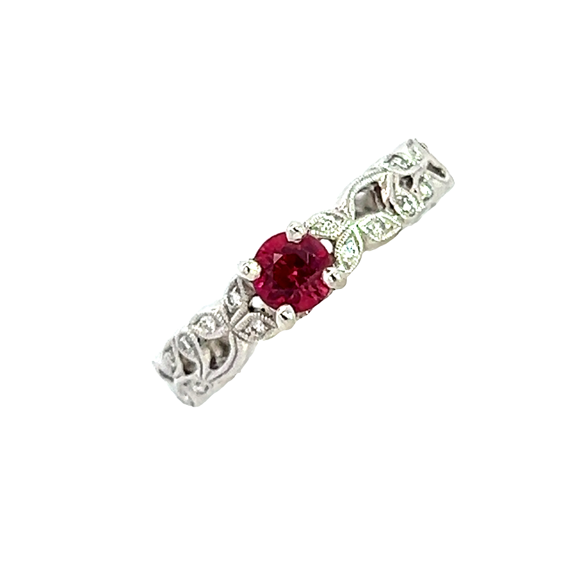 18ct White Gold Floral Band with Centre Ruby