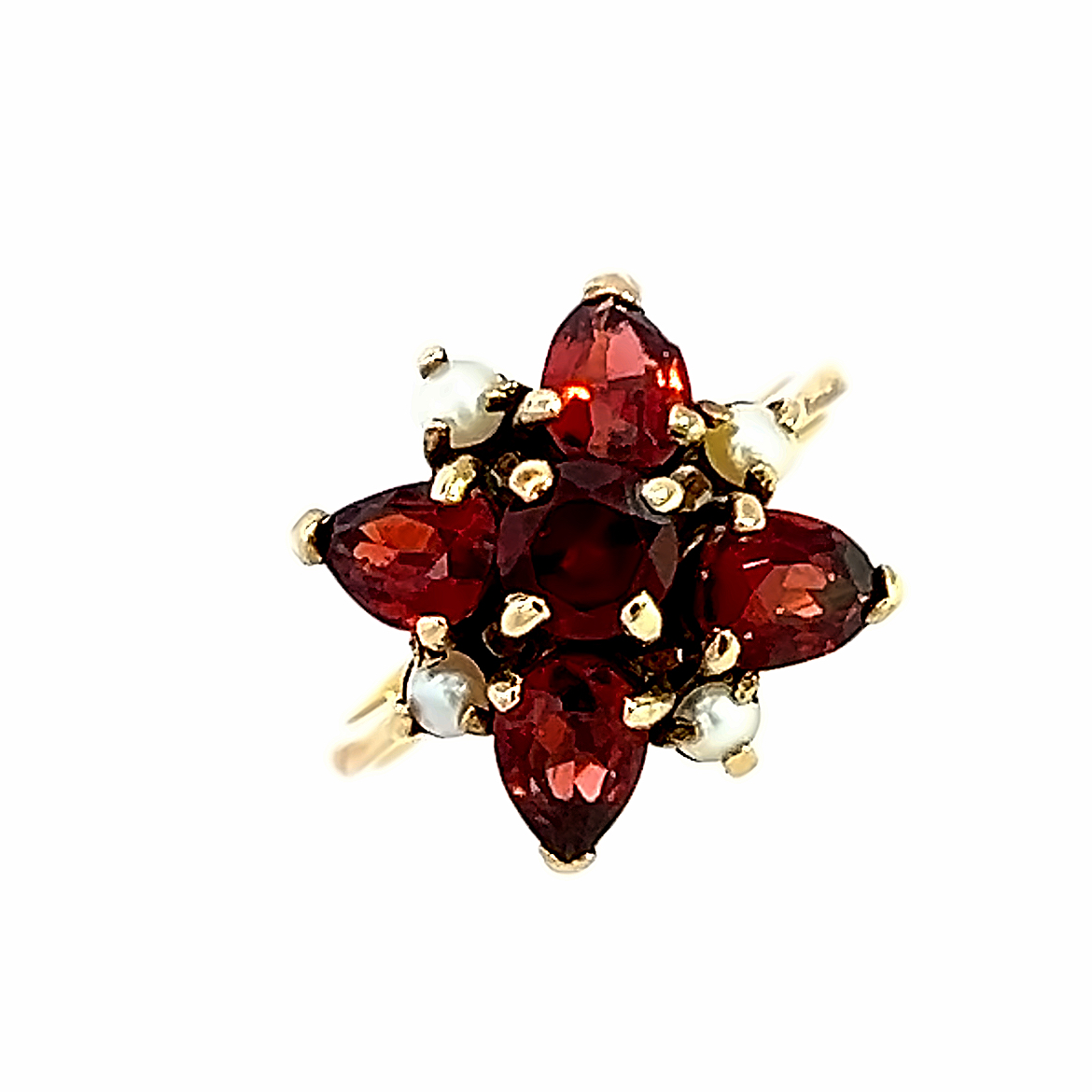 9 Carat Yellow Gold, Garnet and Pearl Ring