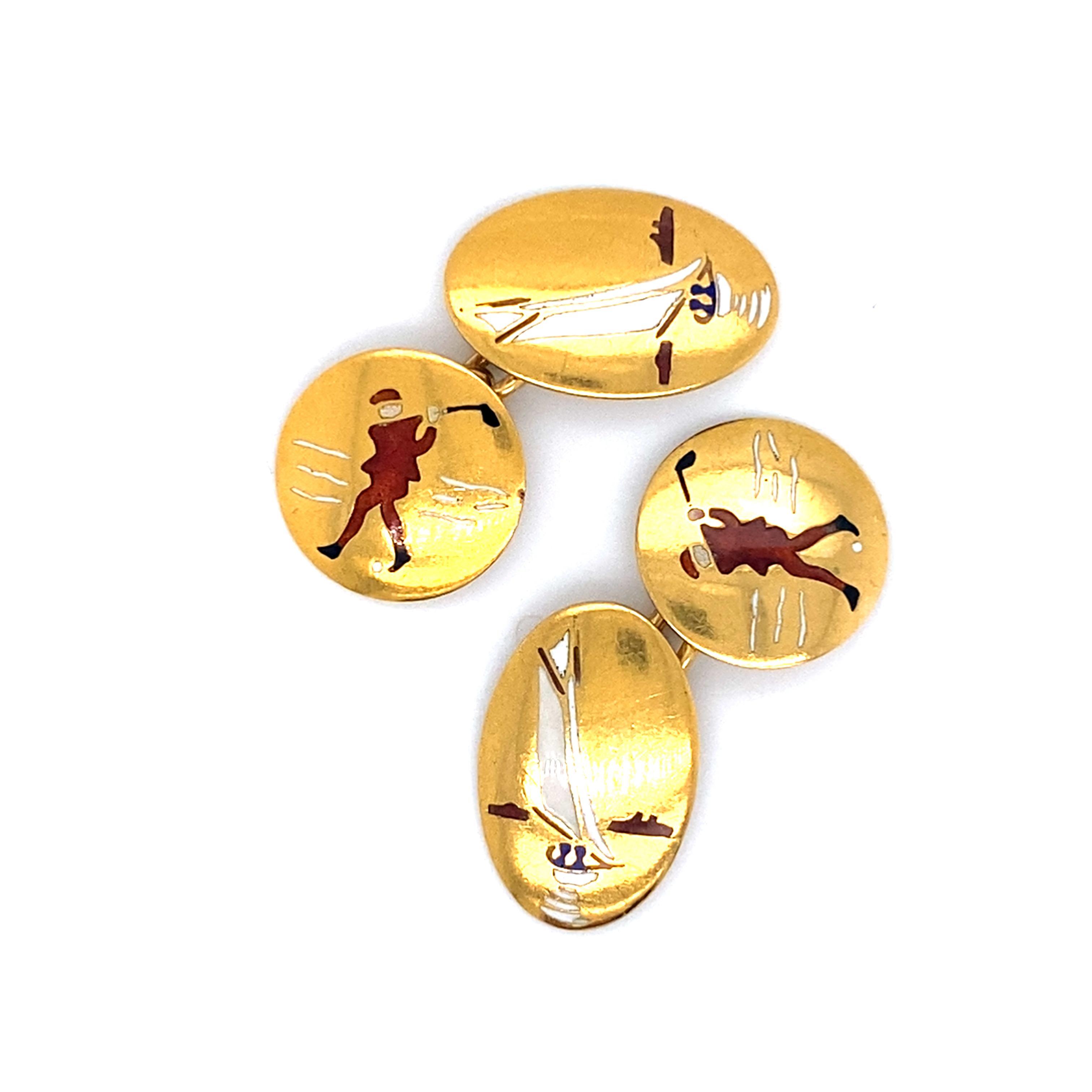 Gold Cufflinks with Gold and Yachting Enamel Scenes