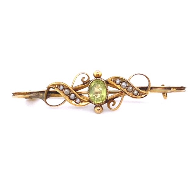 Yellow gold Peridot and Pearl brooch