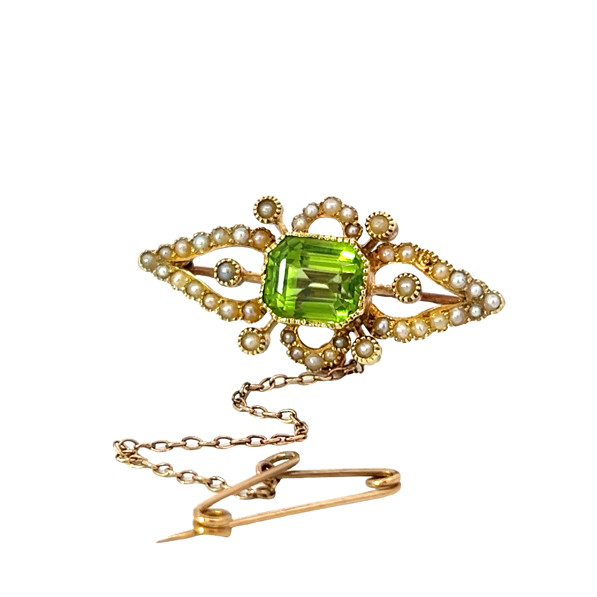 Beautiful 1920s Peridot and Pearl Brooch